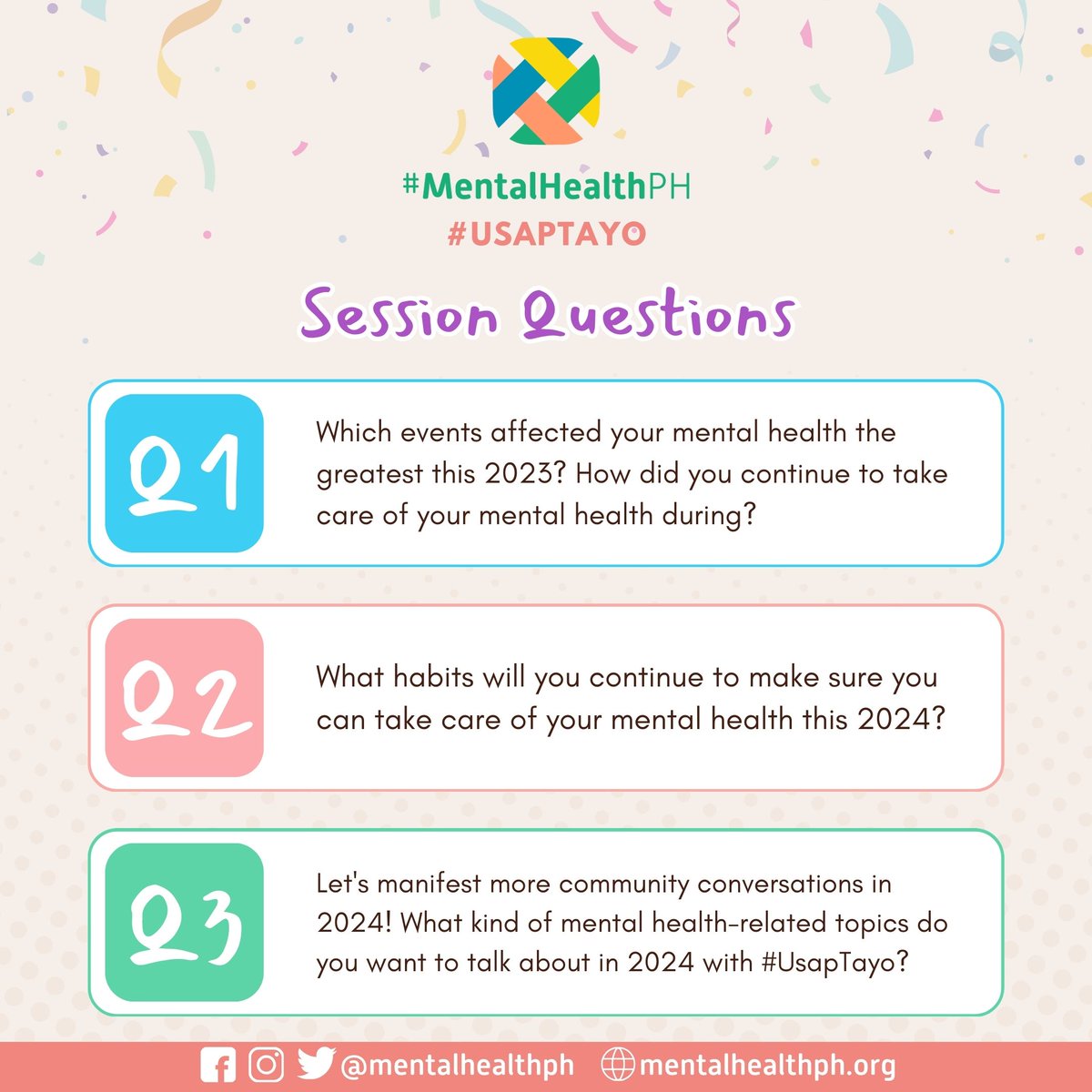 mentalhealthph's tweet image. QRT with your 2024 manifestations!

✨2024 cutie✨

End the year right with your #UsapKada para sa huling hirit for 2023! Samahan niyo kaming mag-manifest ng awesomeness for 2024.

Tara,#UsapTayo bukas,7PM!

READ: mentalhealthph.org/12-30-23/

#MentalHealthPH