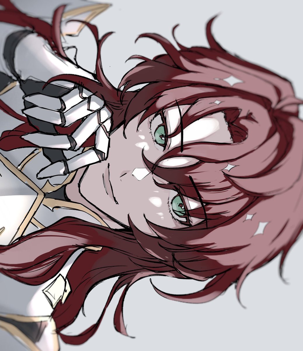 1boy red hair male focus solo armor green eyes long hair  illustration images
