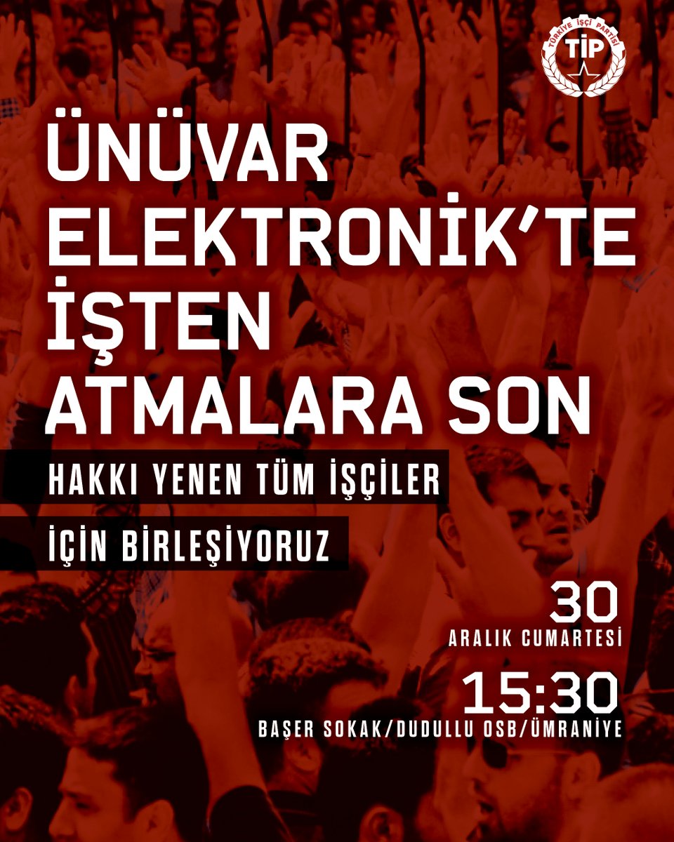 TipEmek's tweet photo. Ünüvar Elektronik'te İşten Atmaya Son! 

"Performans gerekçesi" tüm patronların başını eğmeyen işçilerden kurtulmak, ceplerini doldurmak için işçi hakkına çökmek için kullandıkları şık ifade. 

İmes'teki Ünüvar Elektronik'te işçiler haksız gerekçeyle  işten atıldılar. İşçi yoldaş ve dostlarımız için patronu uyarmaya, hesap sormaya işyeri önüne gidiyoruz! 

30 Aralık Cumartesi Dudullu OSB'deyiz. 
Hakkı yenen tüm işçiler için birleşelim.