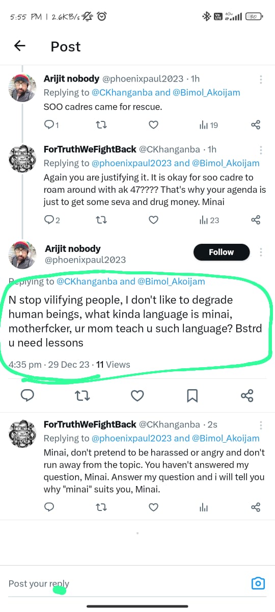 CKhanganba's tweet photo. https://t.co/gizNEo4aX5
It is somewhat understandable when the meitei side with meitei and kuki support kuki. But this Minai opportunist scammer @phoenixpaul2023 is trying really hard to earn some seva and drug money. Look how he is responding when i ask about the ak47 on 3rd may https://t.co/IYUHueP5xn