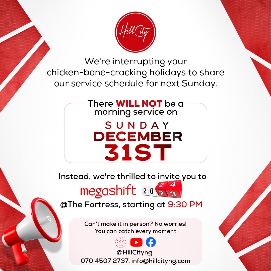hillcityng's tweet photo. Special Announcement to our online family!

There will be no service in the morning. We will gather at 9:30 p.m for #MegaShift a prophetic cross over service at the Fortress - 18/20 Kudirat Abiola Way, Oregun. Ikeja 

Live stream: @hillcityng on Facebook, YouTube and Mixlr https://t.co/HxhOs4EnG9