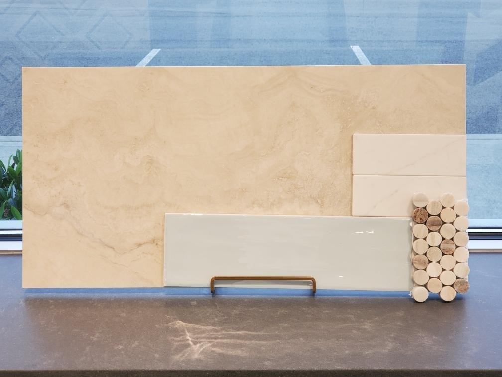 Transform your space with the charm of a coastal cottage-inspired tile design. Click here to learn more: ecs.page.link/qeUJp

Featured Products: Trav Ivory 12 x 24, Gioia Sky 4 x 16, CS-Skyline Penny Round &amp; Della Terra Bianco Pearl Quartz

#arizonatile #tiledesign #moodboard