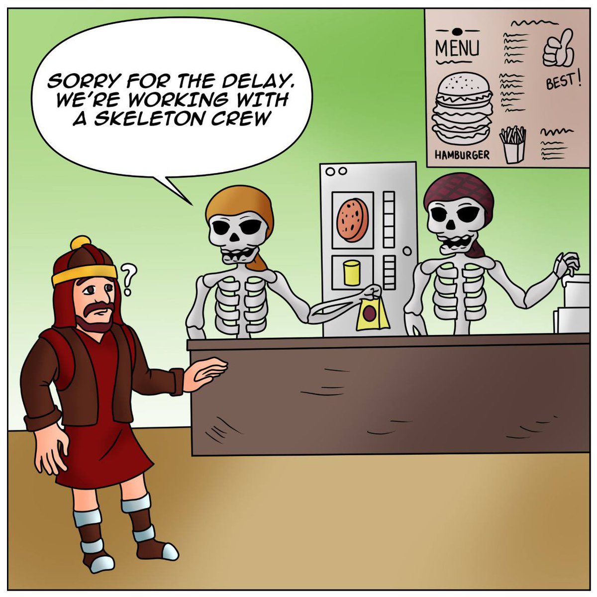 💀🍔 Skele-fast Food Invasion! 🍟💨

 When your skeleton troop decides battling isn't bone-chilling enough, so they open a fast food joint. Bone Appétit! 🍖🤣