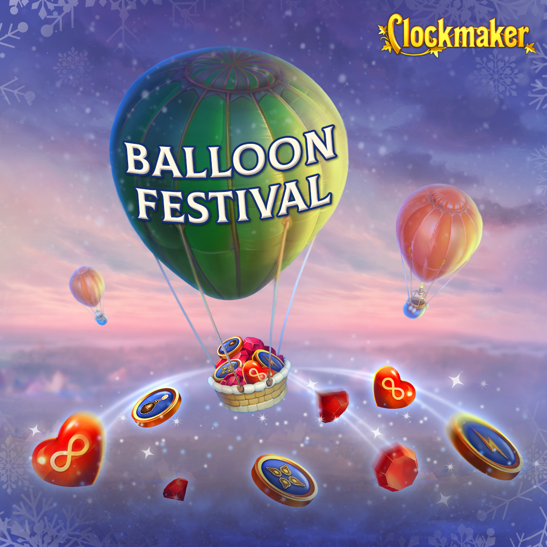 ClockmakerGame's tweet image. 🎈 Balloon Festival is on! ❄️ [link in bio]
Embark on a vibrant and joyful journey in #Clockmaker! Soar to new heights, revel in the excitement, and snag fantastic prizes! 🌟🚀

#match3game #clockmakers #puzzlegame #mobilegames #clockmakergame #mobilegame #clockmaker
