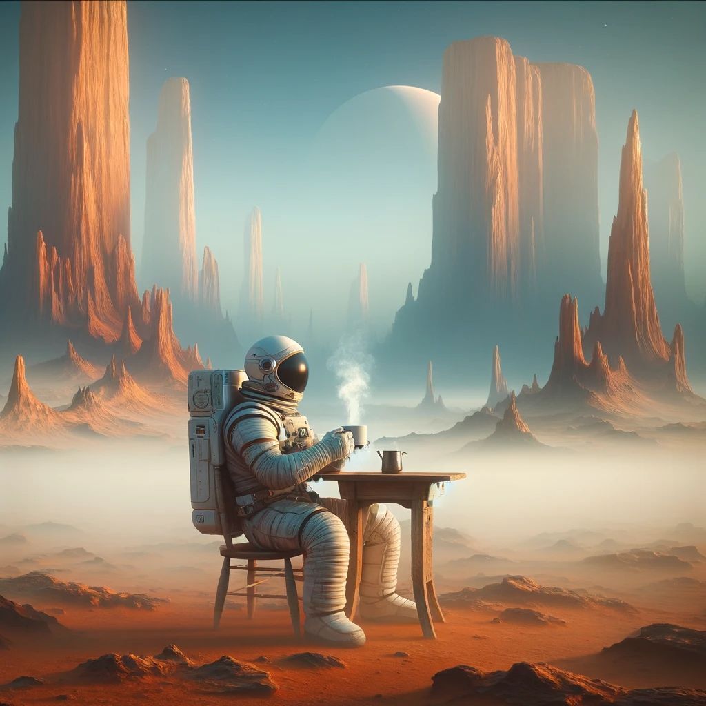 NotFredAgain_'s tweet photo. Good morning, universe! ☕🌌 

Thirsty for adventure and caffeine on this beautiful Friday. Let's make it stellar! 

#FridayThoughts #SpaceCaffeine #aiart #dalle3 https://t.co/GUuLQJ0Qem