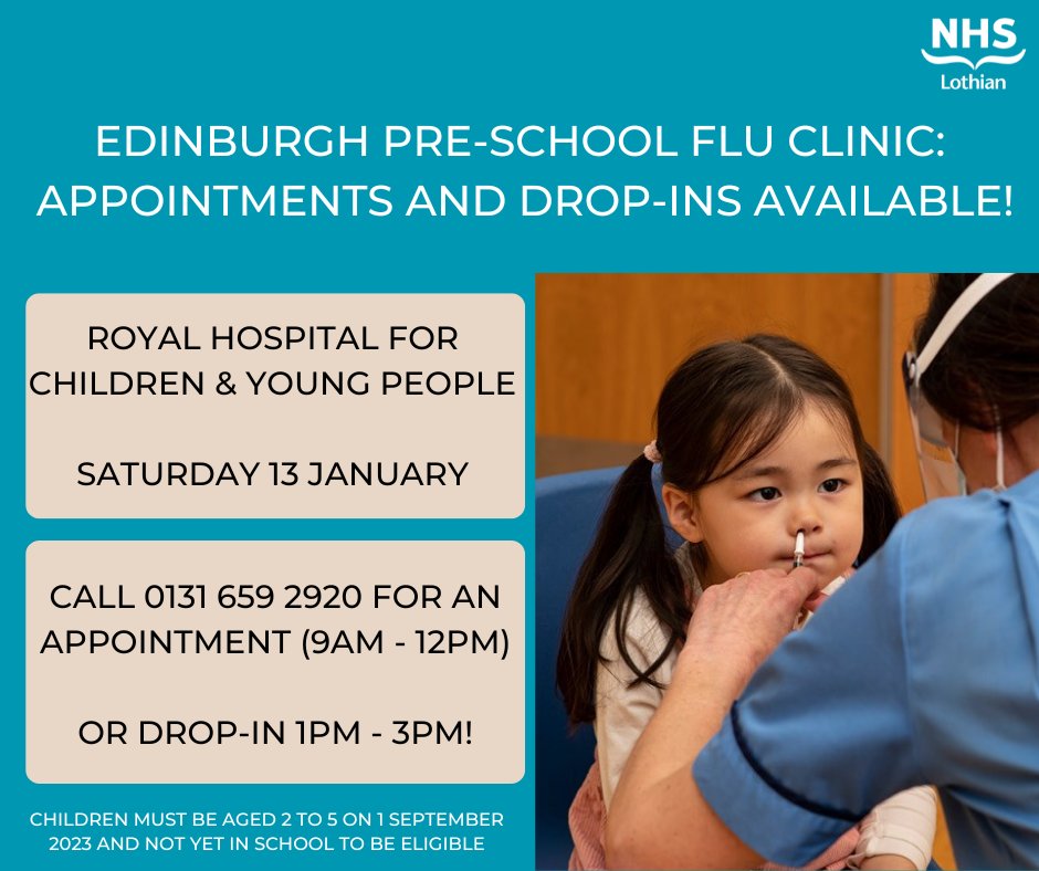 A flu vaccine (nasal spray) clinic is taking place for pre-schoolers in Edinburgh 🧒🏽🧒🏻 Call 0131 659 2920 to book an appointment between 9am and noon or drop in between 1pm and 3pm! Children must be aged 2 - 5 as of 1 September 2023 and not yet in school to be eligible.