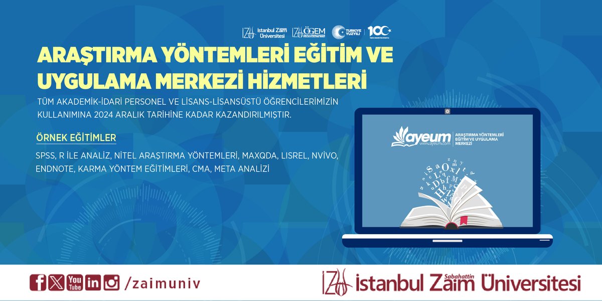 Araştırma Yöntemleri Eğitim ve Uygulama Merkezi (AYEUM) eğitimleri İZÜ’lü lisans-lisansüstü öğrencileri ve tüm akademik-idari personel için ücretsiz! 39 farklı online eğitim ile bilimsel çalışmalarınıza değer katın, İZÜ’lü olmanın ayrıcalığını yaşayın!

#ayeum #izü #zaim
