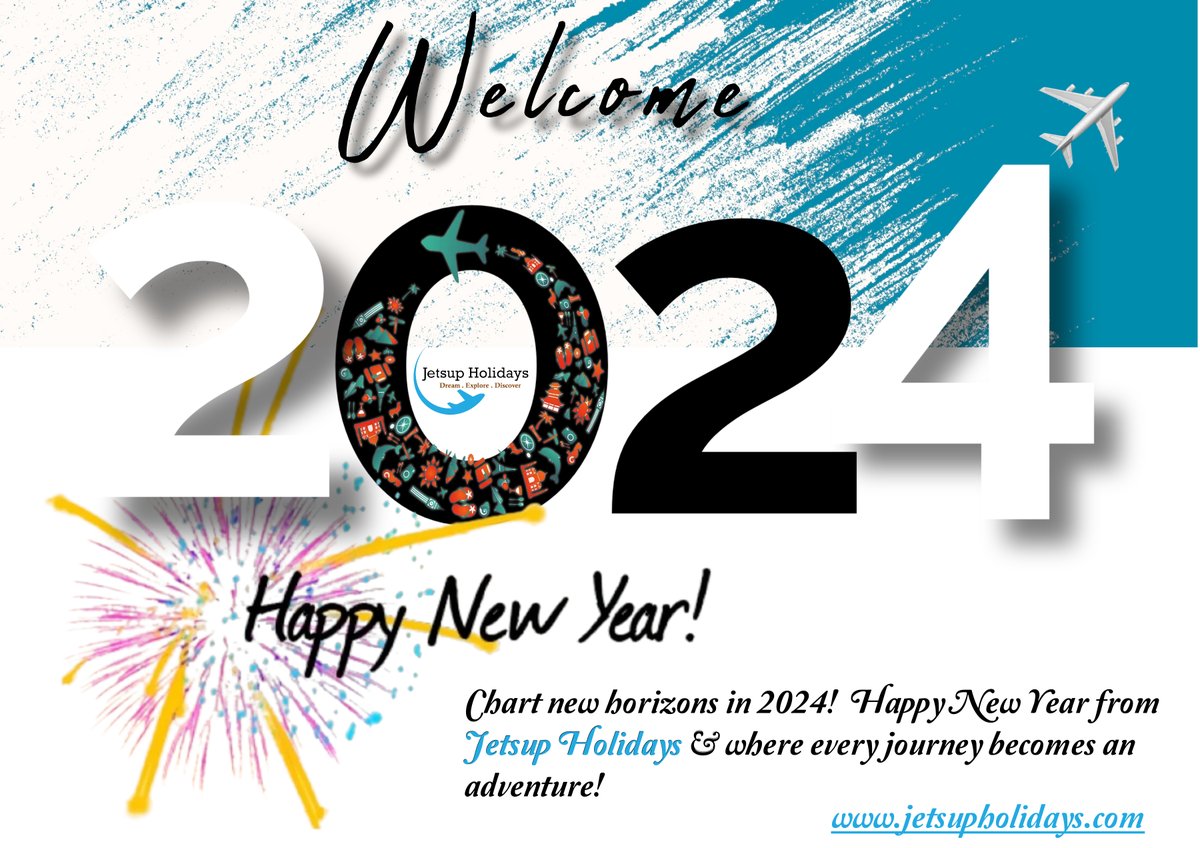 Chart new horizons in 2024!  Happy New Year from Jetsup Holidays  – where every journey becomes an adventure!  🎉🎊✨ #CheersTo2024 #HappyNewYear2024 #NewBeginnings2024 #CheersToANewYear #Hello2024 #FreshStart #jetsupholidays