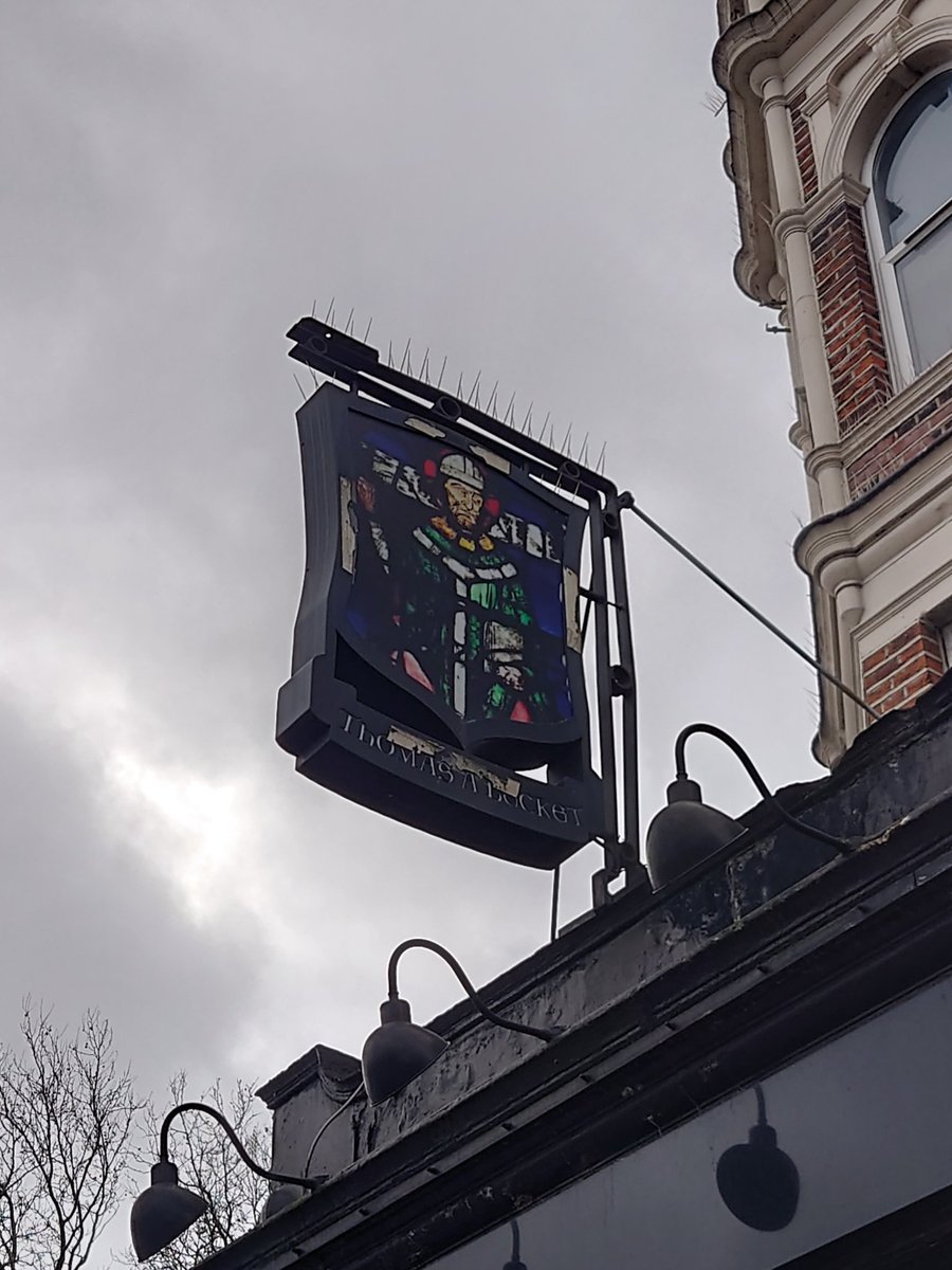 On the feast day of St Thomas of Canterbury, the pub sign of the former Thomas a Beckett PH on Old Kent Road (now a Vietnamese restaurant); it was the Thomas a Watering in Chaucer's Canterbury Tales, where the pilgrims decided who would tell the first tale. #LostPubs #PubSigns