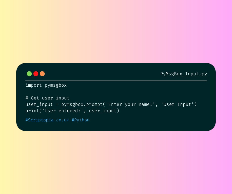 Scriptopia__'s tweet image. PyMsgBox - Ask For User Input - Full source code available at scriptopia.co.uk/2023/12/29/pyt…
#python #learning #tutorial #code #development #learntocode #programming #pythonprogramming #coding #pythonforbeginners #user #input #Interface #uidesign