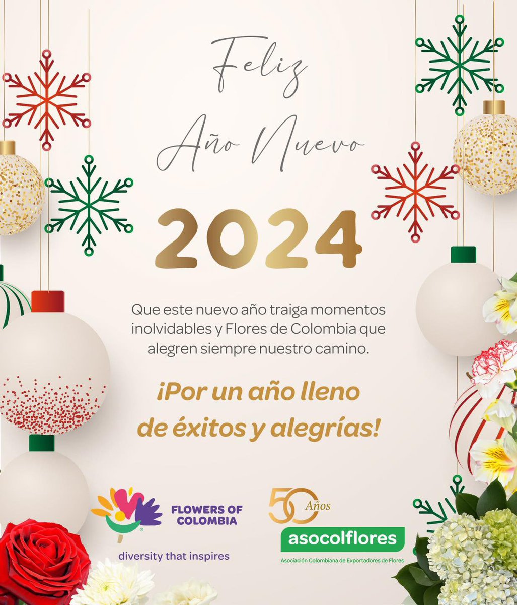 asocolflores's tweet photo. Que en este nuevo año florezca la paz, la felicidad y los buenos momentos. Por un #2024 lleno de éxitos y muchas Flores de Colombia! ✨💐
#Asocolflores #FlowersOfColombia #DiversityThatInspires https://t.co/PELKXfprrS