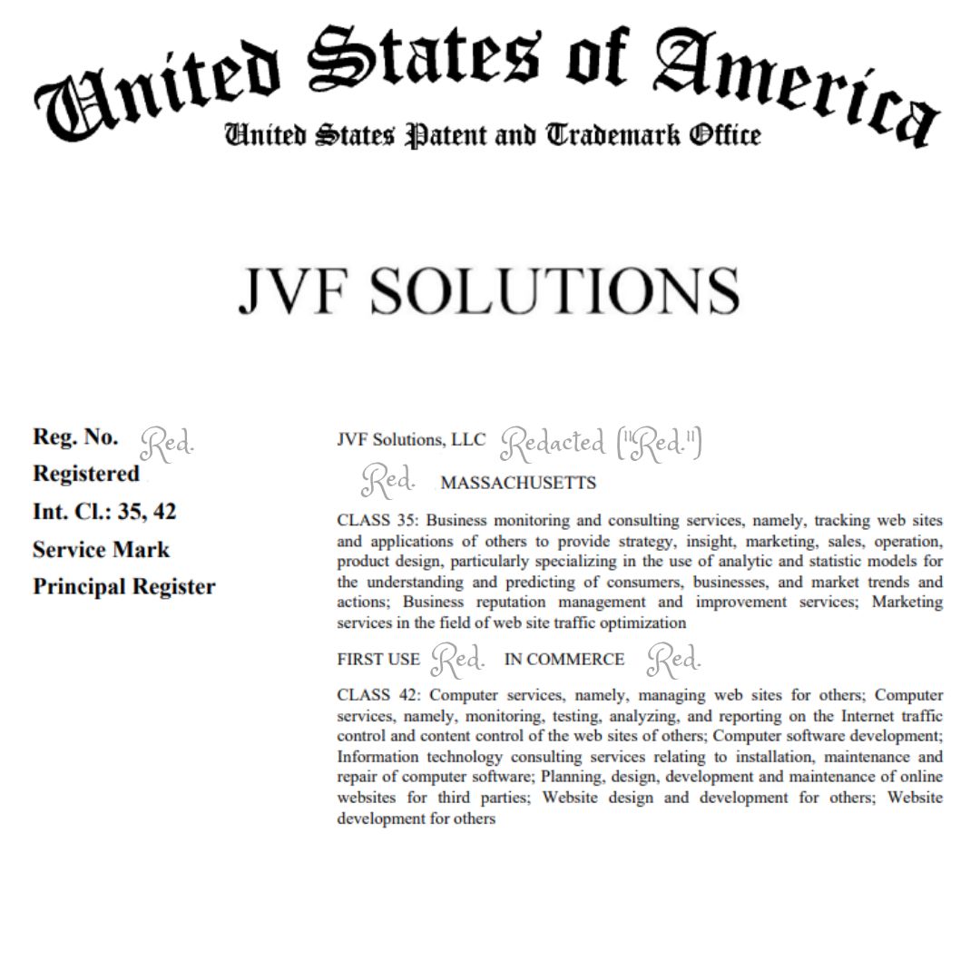 SergeyLysenko10's tweet photo. Happy to share great news about my client's, JVF Solutions, LLC, recent 2023 successful USPTO trademark registration for "marketing, website design and software development services"! 
#MarketingStrategy #WebsiteDesign https://t.co/MTKNGIIvfJ