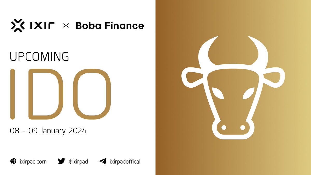 IXIRPAD (@ixirpad) on Twitter photo 📢 𝐄𝐱𝐜𝐢𝐭𝐢𝐧𝐠 𝐍𝐞𝐰𝐬! 📢
🔥<a href="/RealBobaFinance/">Boba Finance</a> Upcoming #IDO on IxirPad 🔥
🌏 Token Details:
🔸Total Reise: 100.000$
🔸Ticker: $BFI
🔸Chain: BSC
🔸Ido Price: $0.06
🔸Vesting: 100% TGE
📅 IDO Date: 8-9 January on IxirPad
📍 IDO Place: ixirpad.com/launchpad/ 📢 𝐄𝐱𝐜𝐢𝐭𝐢𝐧𝐠 𝐍𝐞𝐰𝐬! 📢
🔥<a href="/RealBobaFinance/">Boba Finance</a> Upcoming #IDO on IxirPad 🔥
🌏 Token Details:
🔸Total Reise: 100.000$
🔸Ticker: $BFI
🔸Chain: BSC
🔸Ido Price: $0.06
🔸Vesting: 100% TGE
📅 IDO Date: 8-9 January on IxirPad
📍 IDO Place: ixirpad.com/launchpad/