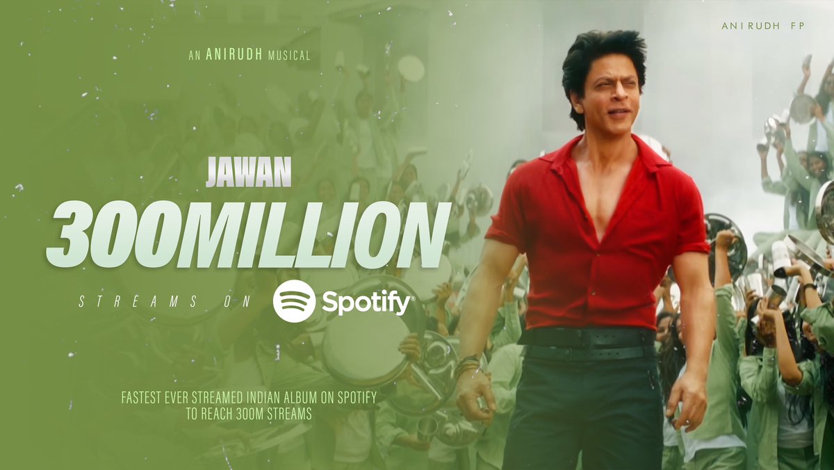 Anirudh_FP's tweet photo. #Jawan marks as the Highest Streamed Indian Album in 2023 &amp; also the Fastest Ever Streamed Indian Album with over 300 Million streams on @spotifyindia. 

An @anirudhofficial Musical 🔥

@iamsrk @RedChilliesEnt @TSeries @Atlee_dir https://t.co/V17RPZ38Sq
