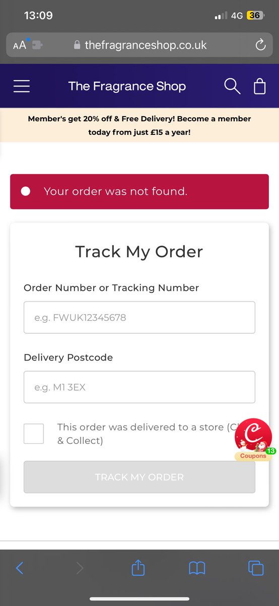 Chaayp's tweet photo. @FragranceShopUK Click and collect placed Wednesday with hour pick up time, order not found, store can’t help (product available on shelf) no response from zendesk, please help! https://t.co/BwGWxYNr5a