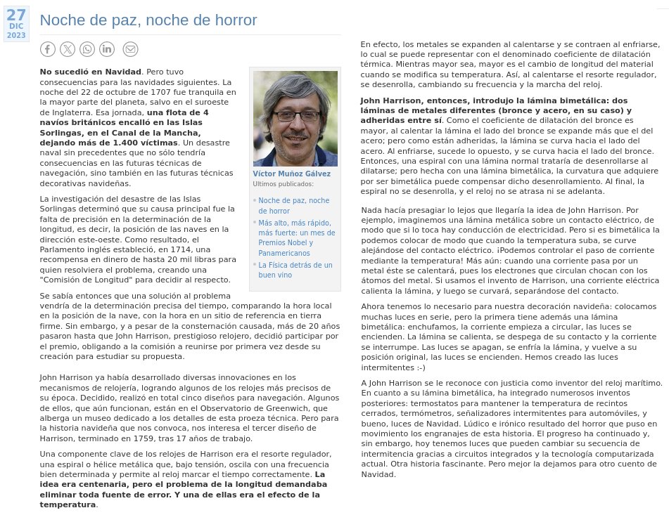 Un desastre naval terminó cambiando nuestras Navidades para siempre. ¡Y nuestra manera de medir el tiempo! John Harrison, la tira bimetálica, relojes y luces intermitentes,  en la nueva columna para <a href="/Cooperativa/">Cooperativa</a>. opinion.cooperativa.cl/opinion/cienci… #fisica #Navidad #scicomm 🛶🕰🎄