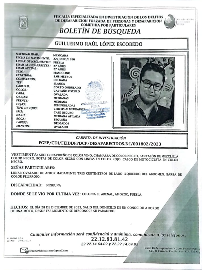 laredcincoradio's tweet photo. #ServicioSocial 🔎 || Urge localizar a Guillermo Raúl López Escobedo de 27 años de edad reportado como extraviado este 28 de diciembre en colonia El Arenal, Amozoc. Informes al 2212838142. #LaRedCincoRadio #Puebla https://t.co/nRm0CWQL7f
