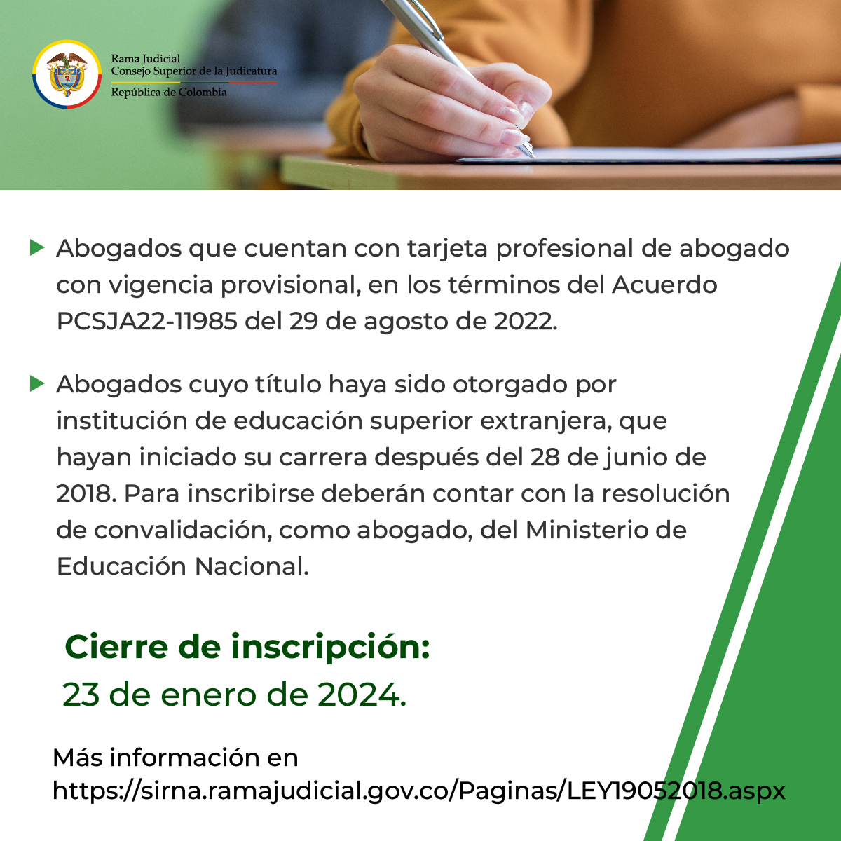 #AtenciónAbogados🎓| Conozcan los requisitos para participar en proceso de inscripción abierto por <a href="/judicaturacsj/">Rama Judicial</a> para la presentación del examen de Estado señalado en #Ley1905De2018, que se llevará a cabo en el primer semestre del año 2024

¡Inscríbase! 👉acortar.link/4HKVcF