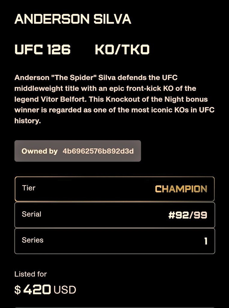 khalybias's tweet photo. 👇👇👇
- ANDERSON SILVA KO/TKO
⚠️ S1 CHAMPION TİER #92/99
❗️ Last chance for the lowest price !
Take it:
https://t.co/QEYktuujcM
#UFC126
#ufcstrike
#UFC
#UFC300
#NBATopShot
@UFCStrike
@ufc
@UFCNews
#UFC2024 https://t.co/zX0nsDoT1n