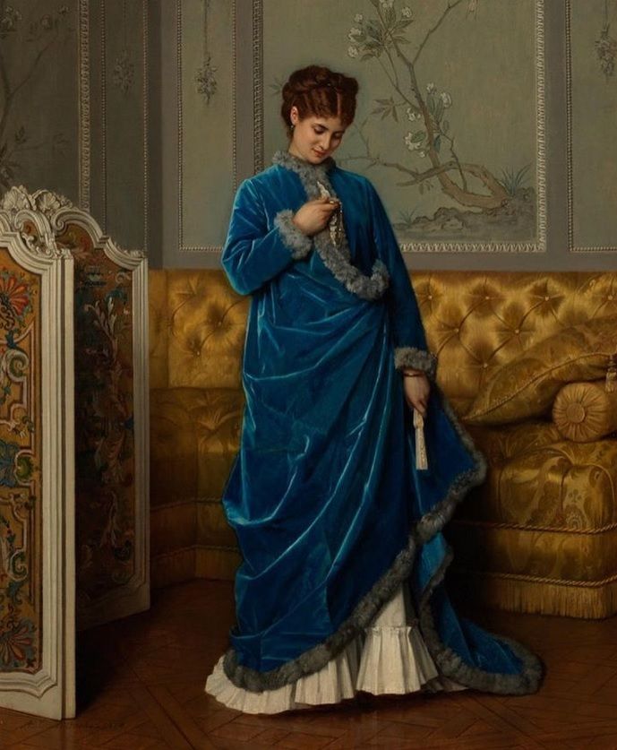 longvictorian2's tweet photo. Hour of Return (1870) [detail] by Auguste Toulmouche (French artist, lived 1829–1890). What has she got in her hand? A watch? Waiting for something? 🤔  #fashion #fashionhistory https://t.co/56a7PwuHlt