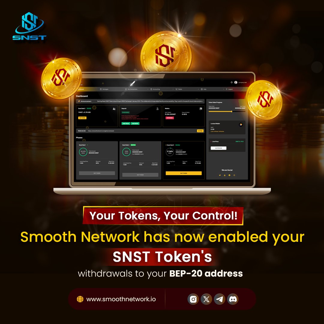 SmoothSnst's tweet photo. We're Excited to announce that Token Withdrawals on Smooth Network are Now Activated
Now you can Effortlessly Transfer Your SNST Tokens to Your BEP -20 Address
#TokenWithDrawals #SmoothNetworkTransition #ActivatedNow #EasyTransfers #BEP20Integration #CryptoUpdates https://t.co/vaqS8eVS1d