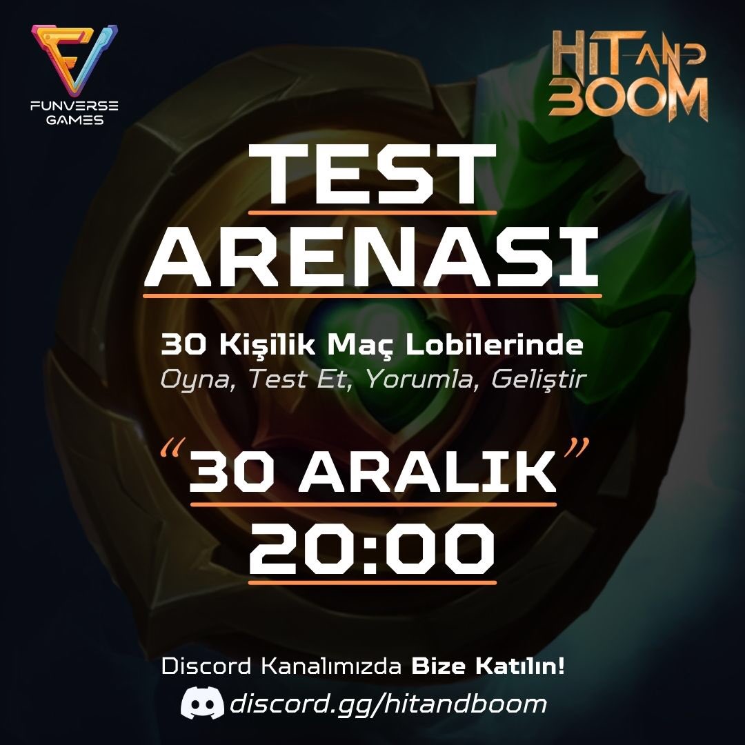 İster takımınız ile, ister tek başınıza, ister geri bildirim vermek için, isterseniz de sadece eğlenmek için TEST ARENASI etkinliğine katılabilirsiniz. Discord’da bize katılın, her konuda birlikte hareket edelim! 
👉 discord.gg/hitandboom
.
.
.
#moba #battleroyale #hitandboom