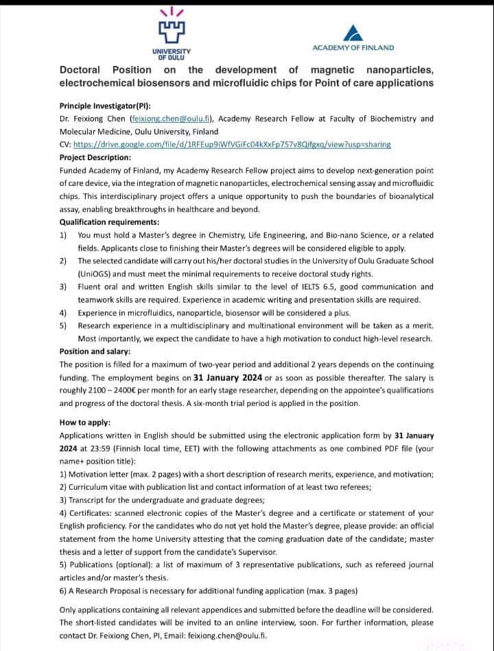 MuslimmShah's tweet image. Funded PhD position in Finland

Deadline: 31st January 2024

Previous Qualification: MS/M.Phil #chemistry, #LifeEngineering, #Bio-Nano Science or Relevant.