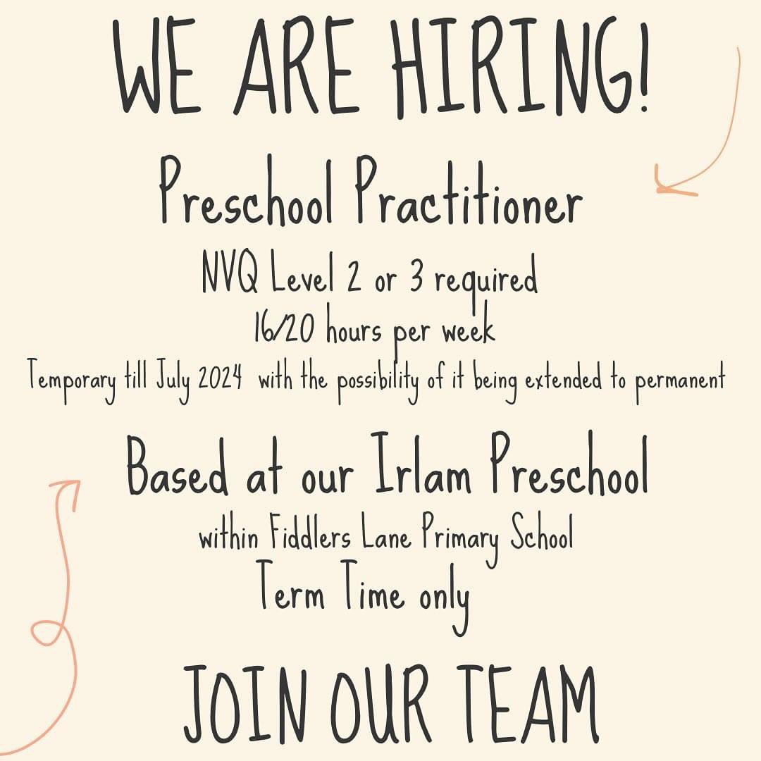 Preschool Practitioner’s job, based at our successful Irlam Preschool based with Fiddlers Lane school. 16/20per week, term time only. Must hold a level 2 or 3 in childcare. Must be kind and caring. 
Email: infomojochildcare.co.uk 

#irlam #cadishead #preschool #jobs #salford