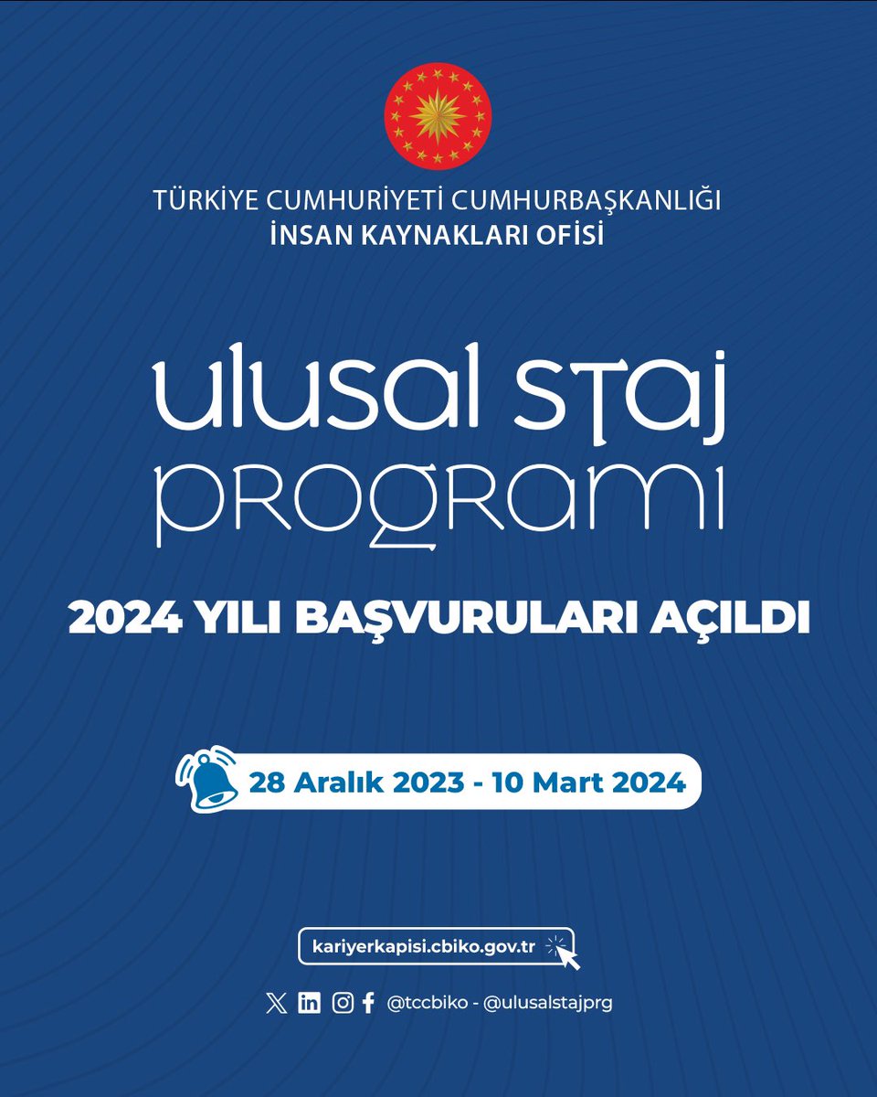 #UlusalStajProgramı 2024 yılı başvuruları açıldı! Tüm öğrencilerimize başarılar dileriz. 

🔗 kariyerkapisi.cbiko.gov.tr 

<a href="/tccbiko/">T.C. Cumhurbaşkanlığı İnsan Kaynakları Ofisi</a> <a href="/kariyerkapisi/">Kariyer Kapısı</a>