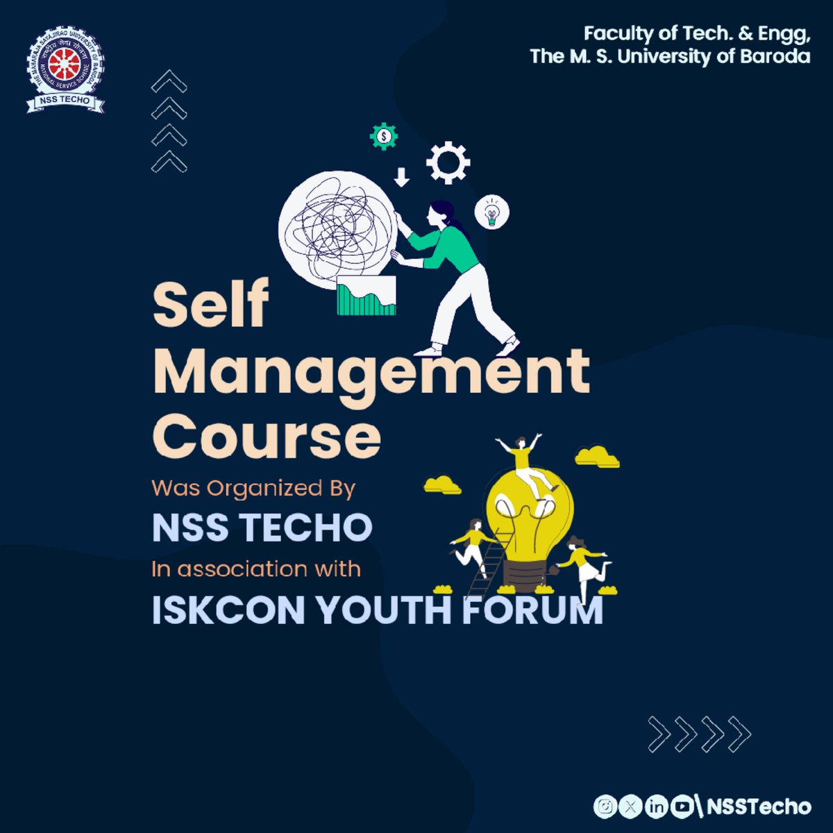 nss_techo's tweet photo. NSS TECHO, in collaboration with ISKCON YOUTH FORUM, successfully organized a transformative Self Management Course. 

 This empowering course aimed to equip participants with essential skills and strategies to effectively manage their personal and professional lives. https://t.co/ILUKpGcC1X