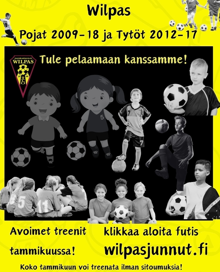 Tule pelaamaan kanssamme!
Avoimet treenit tammikuussa.
Klikkaa aloita futis ja tule mukaan:
wilpasjunnut.fi/aloita-futis/