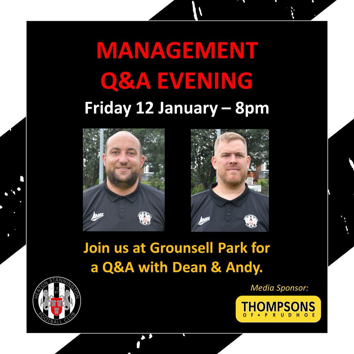 Heatonstan's tweet photo. MANAGEMENT Q&A
We will be holding a Q&A with Dean & Andy on Friday 12 Jan in the clubhouse. A free event. Come along and ask them absolutely ANYTHING.
Craig Scott & Leighton Hopper will also join the panel, the evening hosted by Brian Pratt.
Club open from 7pm.
#AskDean β«οΈβͺοΈ https://t.co/1g0IbDMNU2