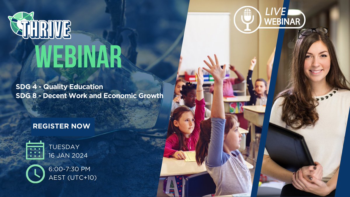 thrivability_m's tweet image. Our next #ThrivabiltyMatters #Webinar , The #THRIVEProject, Erin Remblance, Jen Gearing, and Sonica Sarna will explore issues surrounding SDG 4 &amp;amp; 8

Jan 16th - 6 pm UTC+10 
Register Now at: ThrivabilityMatters.Online 

#THRIVEFramework #freeevent #liveEvent #economics #education
