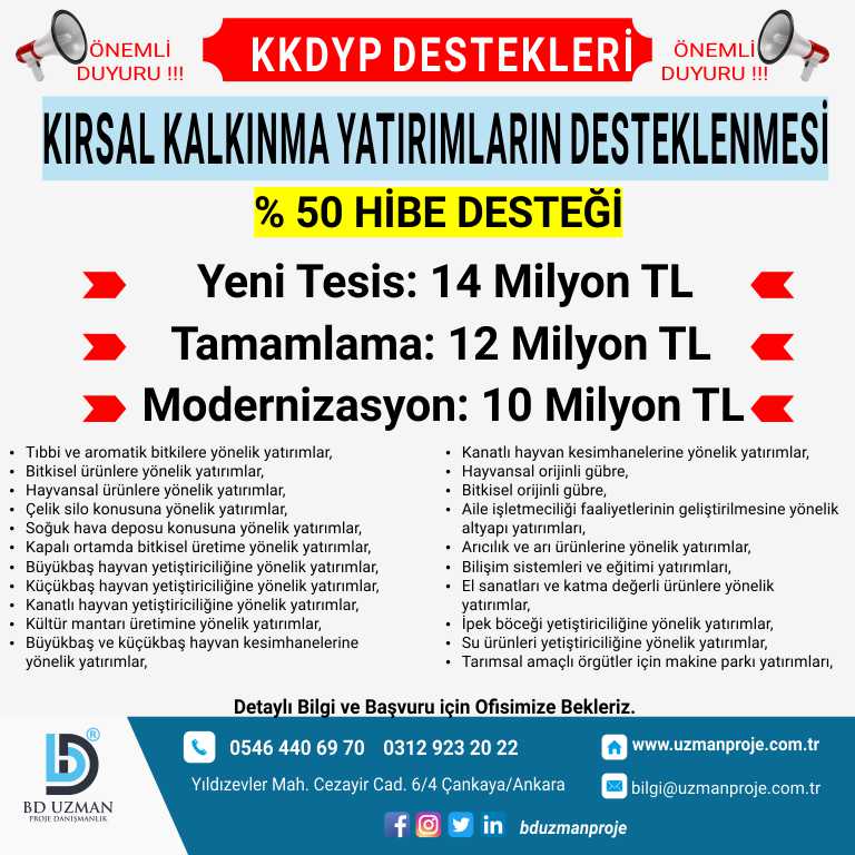 Kırsal Kalkınma Yatırımlarının Desteklenmesi Programı Tebliği yayınlanmıştır.
Detaylı bilgi ve başvuru için ofisimize bekleriz.
#kkydp #devletdestekleri #kırsalkalkınma #hibe