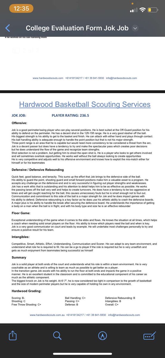 Scouting Report/College evaluation