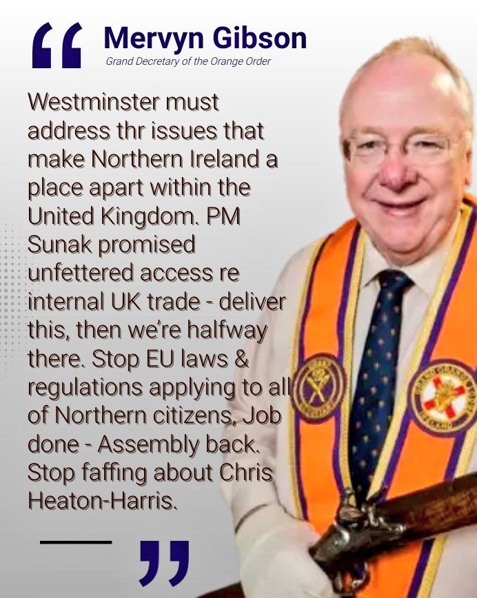 TeamUnion_UK's tweet image. Grand Secretary of the 🍊🍊, Mervyn Gibson has told the SoS for Northern Ireland, Chris Heaton-Harris to "stop faffing about" over the hated Windsor Framework.
