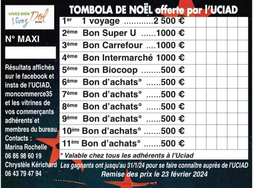 Nous vous donnons rendez-vous demain samedi 30 décembre à 12h45 devant la mairie pour le tirage de notre grande tombola de Noël . 
11 supers cadeaux encore en cette fin d’année 🤩. 
Un énorme MERCI de votre fidélité à nos magasins Dolois . 
À demain 🤪
#doldebretagne