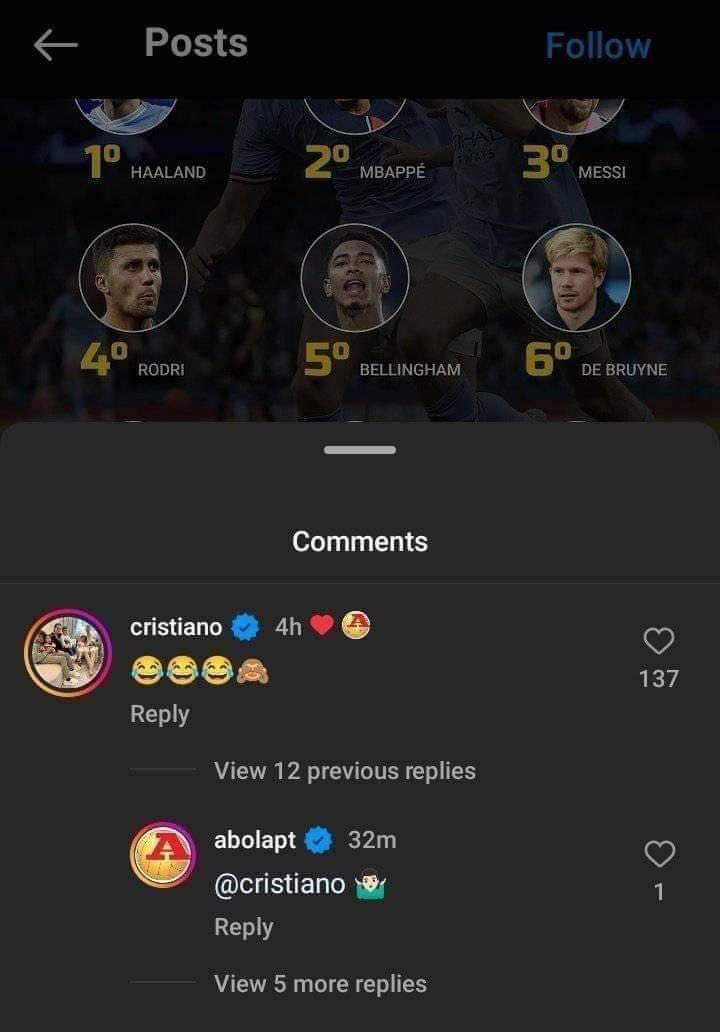 <a href="/FabrizioRomano/">Fabrizio Romano</a> Cristiano Ronaldo's reaction to not being in the IFHHS raking for Top 10 Players of 2023.

Bro is in some serious pain 😭