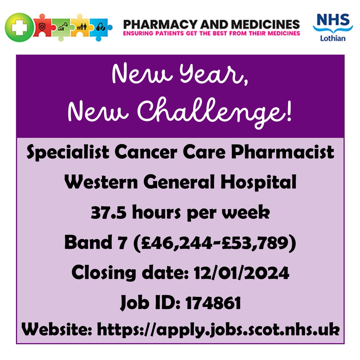 The pharmacy team at the Edinburgh Cancer Centre are looking for a pharmacist to join their rotational specialist pharmacist team at the WGH. Apply now at: apply.jobs.scot.nhs.uk/Job/JobDetail?… More information about working for NHS Lothian Pharmacy is available at: careers.nhslothian.scot/careers/pharma…