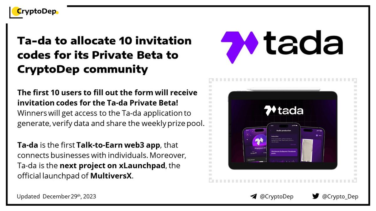 Crypto_Dep's tweet photo. ⚡️@Ta_da_io $TADA will allocate 10 invitation codes for its Private Beta to #CryptoDep community

The first 10 users to fill out the form will receive individual invitation codes for the Ta-da Private Beta! Winners will get access to the Ta-da application to generate and verify data and share the weekly prize pool. Ta-da is the first Talk-to-Earn web3 app, connecting businesses with individuals to earn tokens via recording voice data. Moreover, Ta-da is the next project on @xLaunchpadApp, the official launchpad of @MultiversX.

Be first to fill out the form👉https://t.co/lGxSLxvcDL