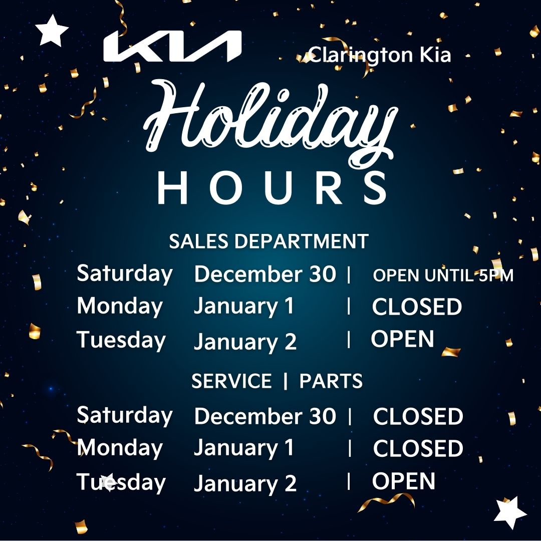 ClaringtonKia's tweet photo. ✨Be sure to check out our holiday hours before dropping by the dealership this weekend! ✨ https://t.co/GAmmx9fgw5