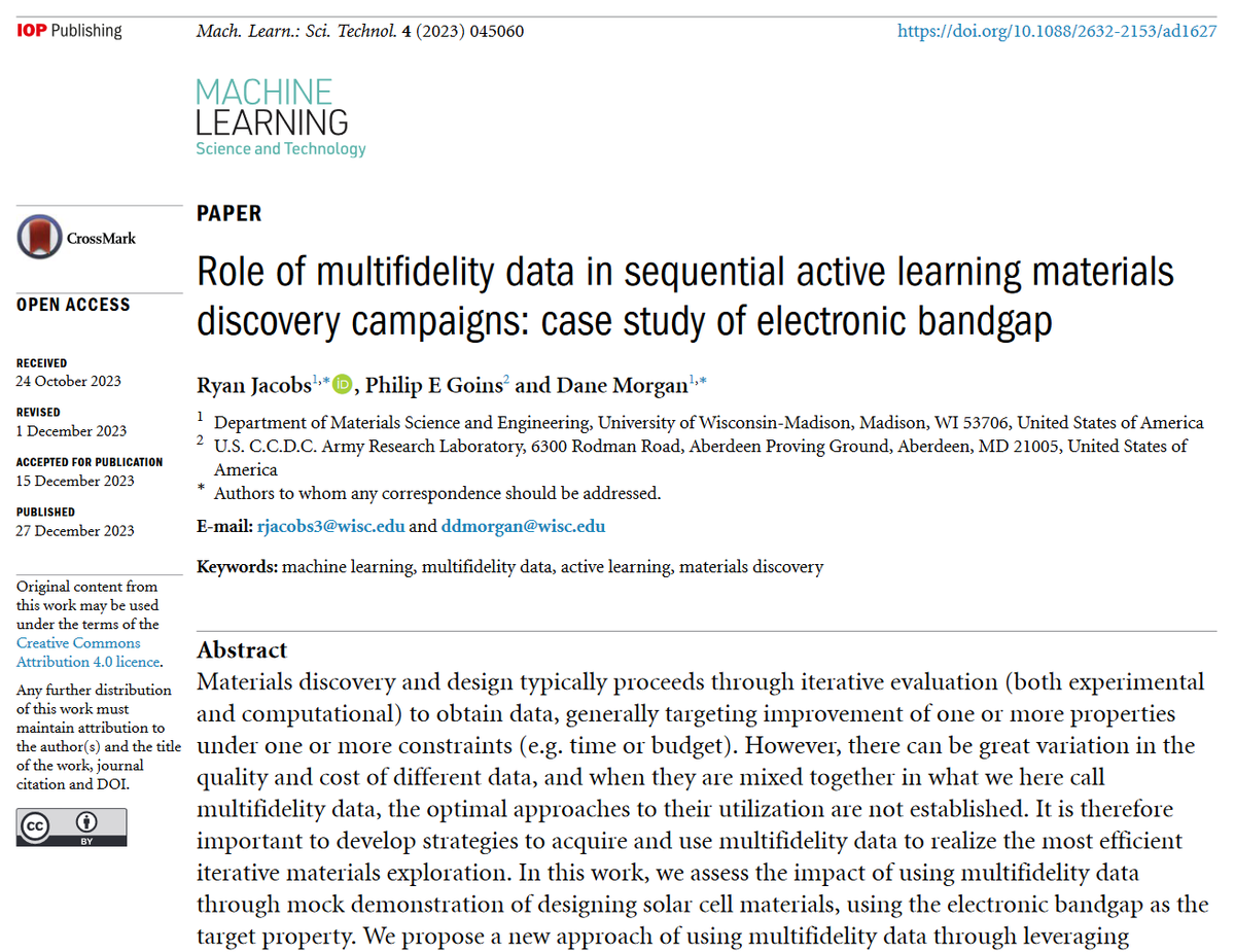 MLSTjournal's tweet photo. Great new work by Ryan Jacobs, Philip E Goins and Dane Morgan @UWMadisonMSE @UWMadison @ArmyResearchLab - 'Role of multifidelity data in sequential active learning #materialsdiscovery campaigns....' - https://t.co/kDMcaT1340 #machinelearning #materials #AI #compchem #condmat https://t.co/frD27h7bWq