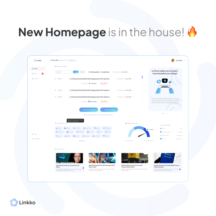 Linkko_io's tweet image. Introducing our revamped homepage featuring Web3 Tags, #Blockchain News, and the Fear &amp;amp; Greed Index. Everything you need from the #Web3 world and your profile is now centralized on our Homepage.