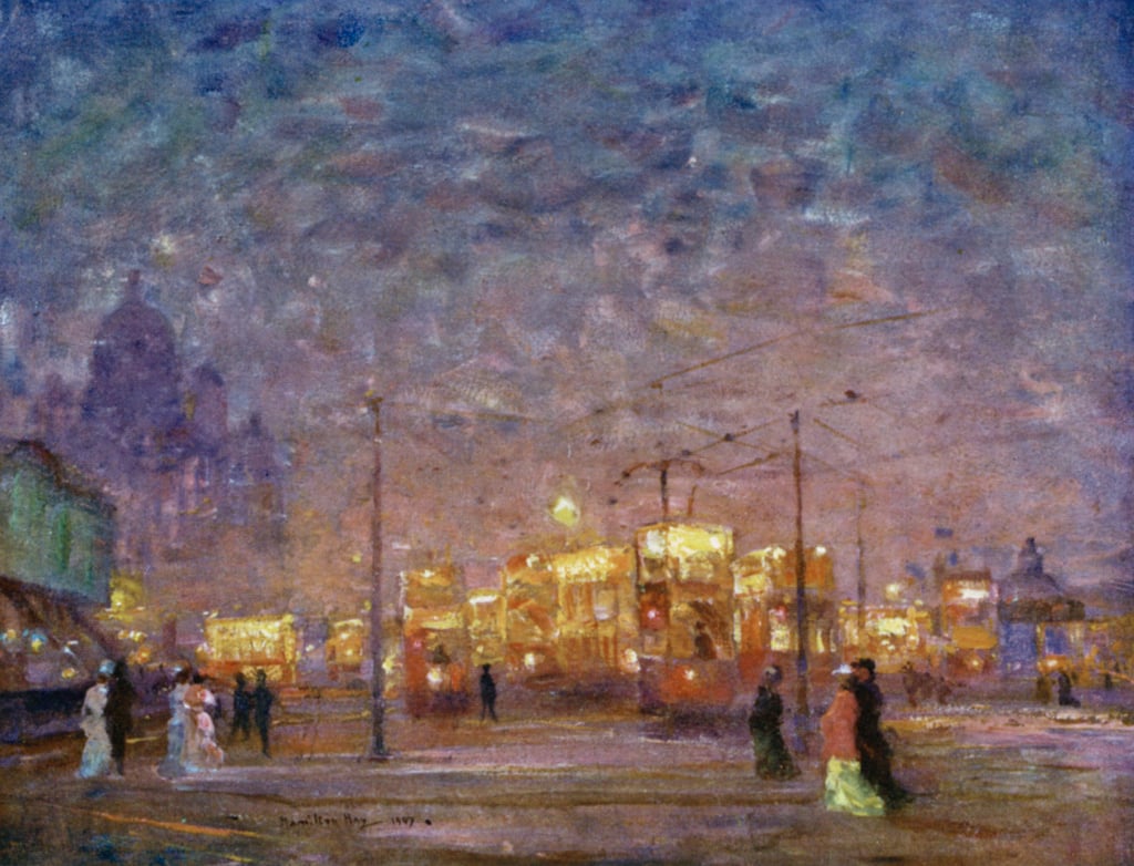GroomB's tweet photo. Electric Car Terminus, Pier Head, Liverpool, by Birkenhead-born James Hamilton Hay (1874-1916). https://t.co/cEf5SZopkl