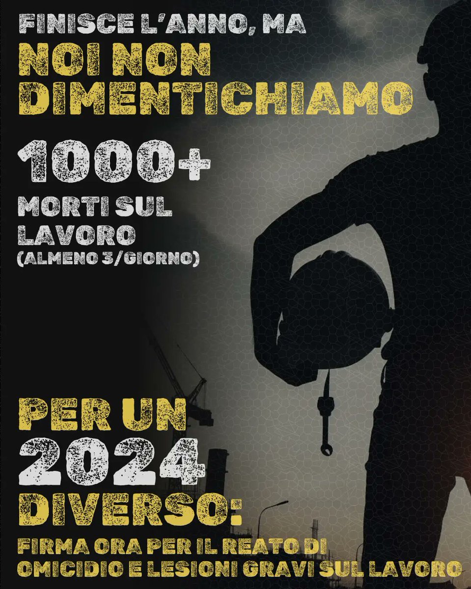 Per un 2024 diverso..

Firma ora per introdurre il reato di omicidio e lesioni gravi o gravissime sul lavoro.

Leggeomicidiosullavoro.it 

#2024 #endoftheyear #2023 #lavoro #omicidisullavoro #salute