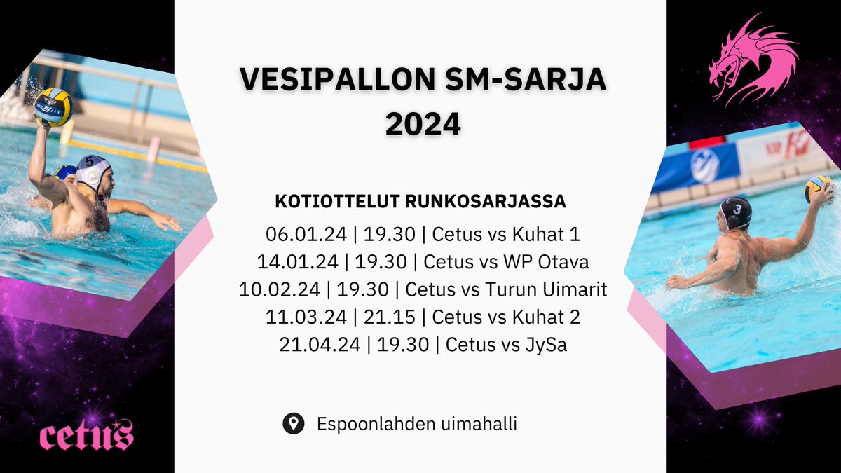 cetuswaterpolo's tweet photo. Vesipallon SM-sarja käynnistyy tammikuussa. Cetuksen miehet lähtevät taistelemaan Suomen mestaruudesta 6.1. kotiottelulla Kuhia vastaan. Tule Espoonlahteen katsomaan ja kannustamaan kotijoukkue voittoon!
#vesipallo #smsarja #espooliikkuu https://t.co/77uM0Oy1MT