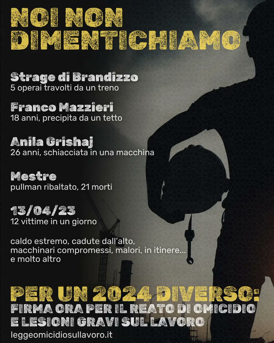 Noi non dimentichiamo.

Firma ora 
Leggeomicidiosullavoro.it 

#2024 #endoftheyear #2023 #lavoro #omicidisullavoro #salute