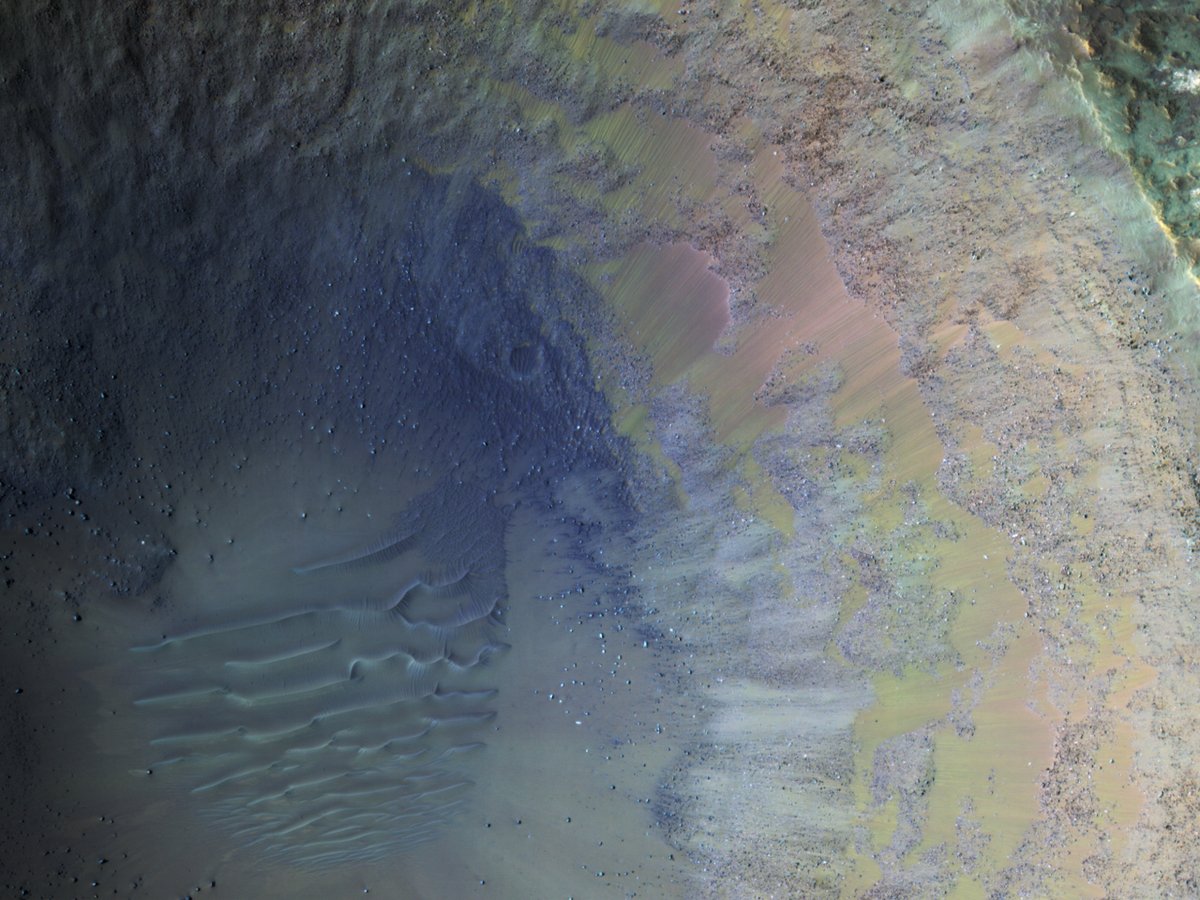 HiPOD: Colorful Impact Our enhanced image reveals colors ranging from red to green to blue. These are infra-red shifted colors (infrared-red-blue) so it’s different than what we would see with our eyes. uahirise.org/hipod/ESP_0555… NASA/JPL-Caltech/UArizona #Mars #science #NASA