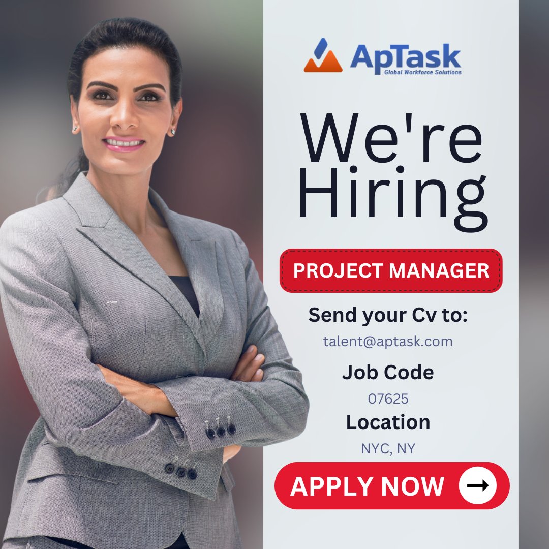 MyApTask's tweet photo. #ApTask is hiring a Project Manager in NYC, NY! Submit your resume to Talent@aptask.com with Job Code 07625. Explore more at https://t.co/uynHXb69W5. #ProjectManager #NYCJobs #HiringNow #CareerOpportunity #ApplyToday #TechCareers #JobCode07625 #ApTaskHiring https://t.co/8RU79mAJOG