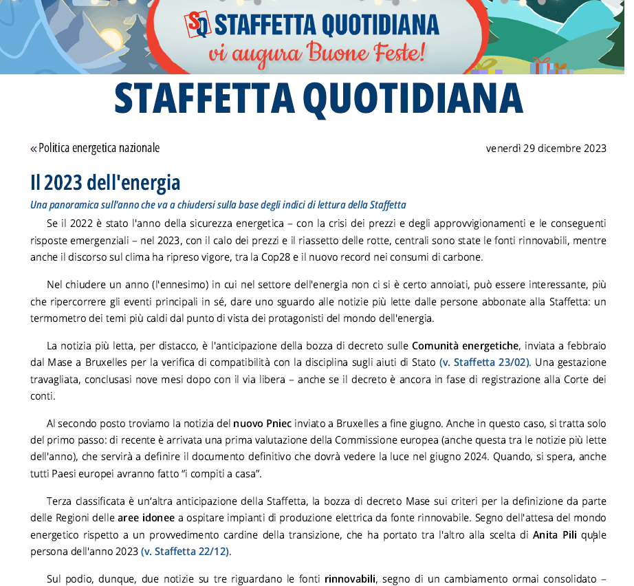 Cosa hanno letto nel 2023 gli abbonati alla Staffetta? La classifica dei pezzi più letti dell'anno. Sul podio, 2 notizie su 3 riguardano le #rinnovabili:🥇la bozza di decreto sulle comunità energetiche🥈il nuovo Pniec🥉la bozza di decreto sulle aree idonee staffettaonline.com/articolo.aspx?…